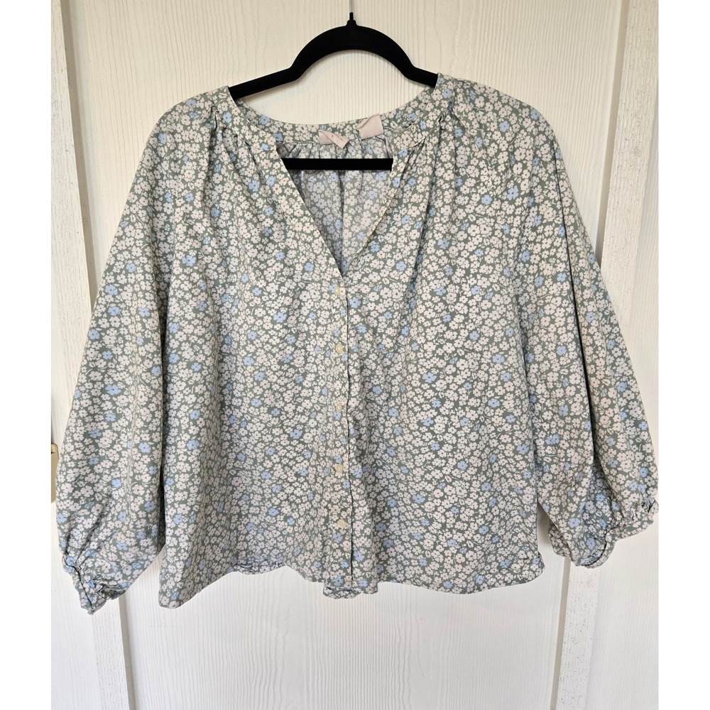 Levis Green Floral Puff Sleeve Blouse L Romantic Cottagecore Boho Hippie Peasant
